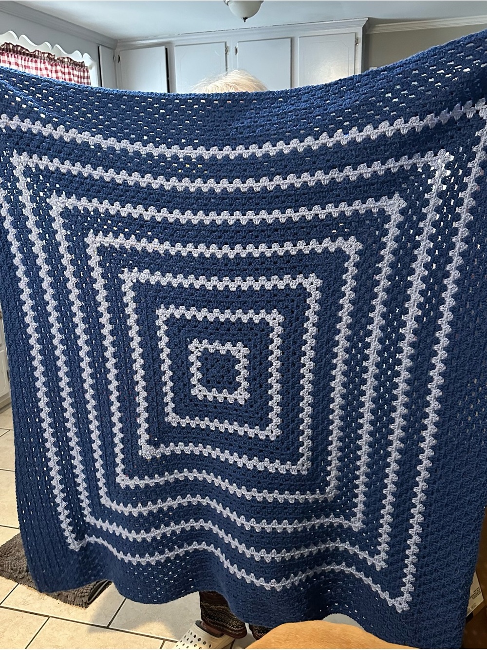 Handmade Navy and Light Blue Crochet Granny Square Blanket